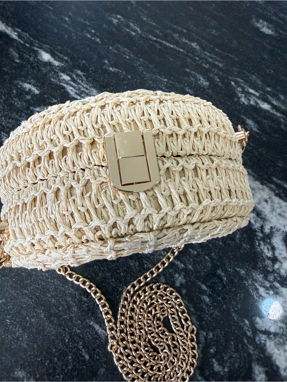 HAUTE HIPPIE Woven Round Crossbody Bag in Natural with Gold Chain & Gold Shimmer - Picture 6 of 14